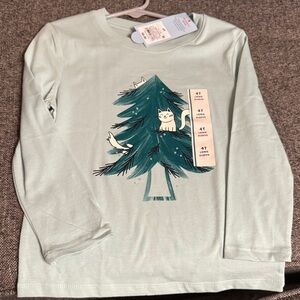Kids Long Sleeve Shirt with Cat and Tree Design - Green